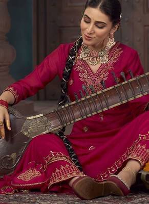 Floral embroidered sequinned  straight v-neck kurta with palazzo and dupatta 5