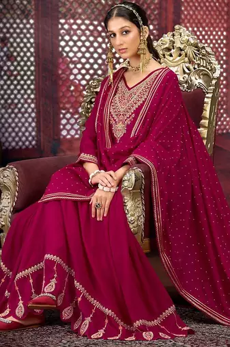 Floral zari embroidered v-neck anarkali kurta with trousers and dupatta
