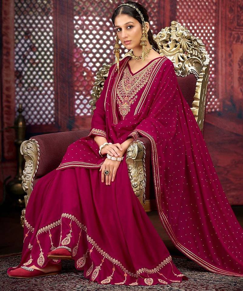 Floral zari embroidered v-neck anarkali kurta with trousers and dupatta