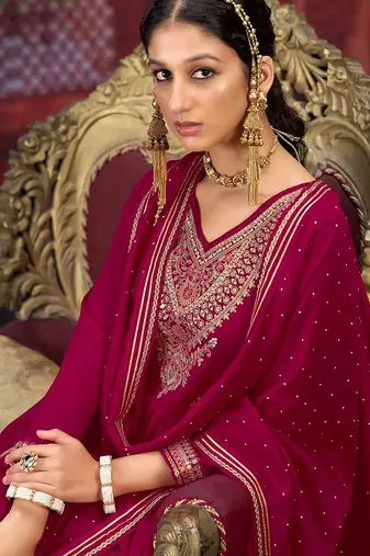 Floral zari embroidered v-neck anarkali kurta with trousers and dupatta
