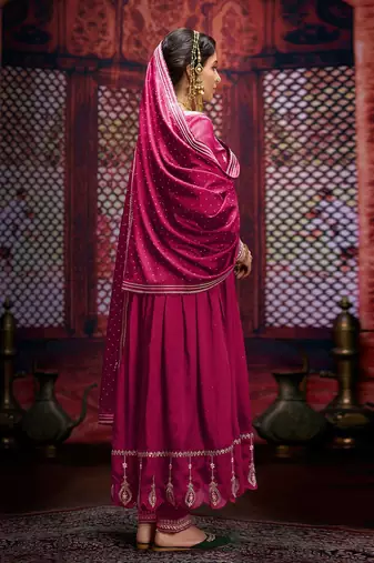 Floral zari embroidered v-neck anarkali kurta with trousers and dupatta