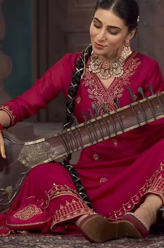 Floral zari embroidered v-neck anarkali kurta with trousers and dupatta