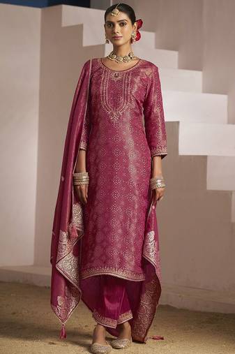 Floral embroidered zari work jacquard straight kurta with trousers & dupatta
