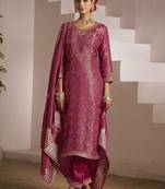 Floral embroidered zari work jacquard straight kurta with trousers & dupatta