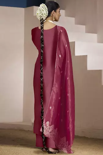 Floral embroidered zari work jacquard straight kurta with trousers & dupatta