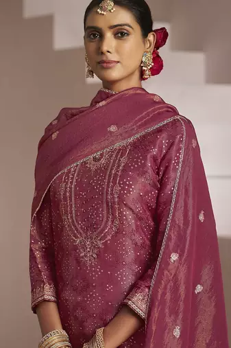 Floral embroidered zari work jacquard straight kurta with trousers & dupatta
