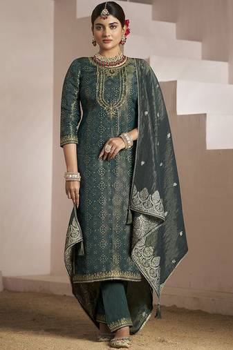 Floral embroidered zari work jacquard straight kurta with trousers & dupatta