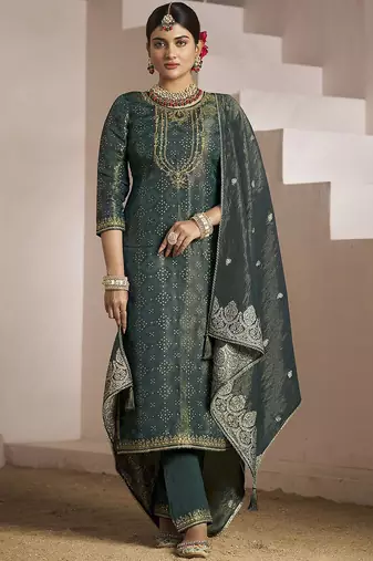 Floral embroidered zari work jacquard straight kurta with trousers & dupatta