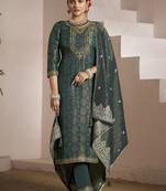 Floral embroidered zari work jacquard straight kurta with trousers & dupatta