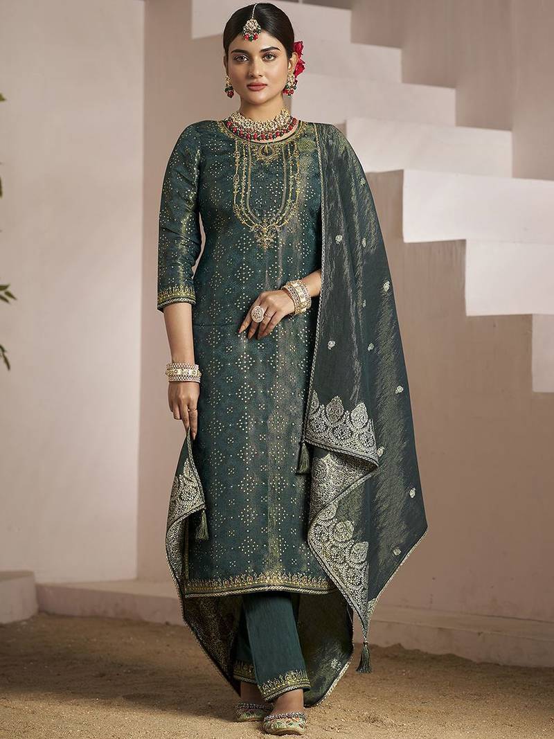 Floral embroidered zari work jacquard straight kurta with trousers & dupatta