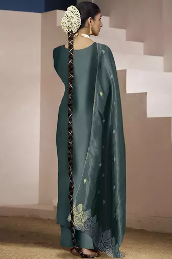 Floral embroidered zari work jacquard straight kurta with trousers & dupatta