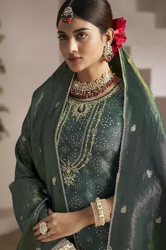 Floral embroidered zari work jacquard straight kurta with trousers & dupatta