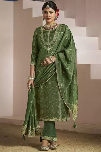 Floral embroidered zari work jacquard straight kurta with trousers & dupatta