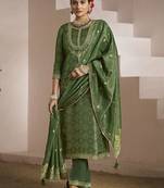 Floral embroidered zari work jacquard straight kurta with trousers & dupatta