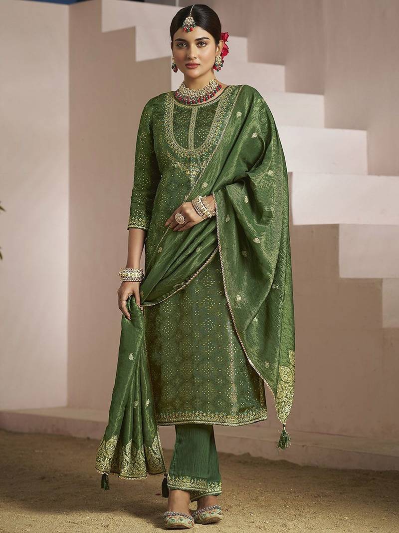Floral embroidered zari work jacquard straight kurta with trousers & dupatta
