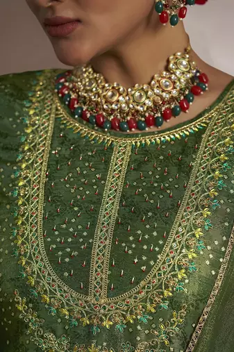 Floral embroidered zari work jacquard straight kurta with trousers & dupatta