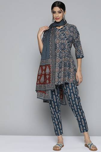 Women teal blue & maroon printed angrakha pure cotton kurti with trousers & dupatta