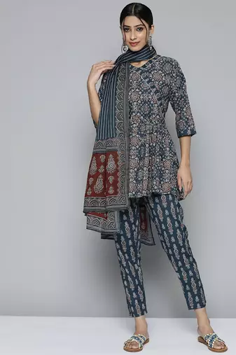 Women teal blue & maroon printed angrakha pure cotton kurti with trousers & dupatta