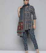 Women teal blue & maroon printed angrakha pure cotton kurti with trousers & dupatta