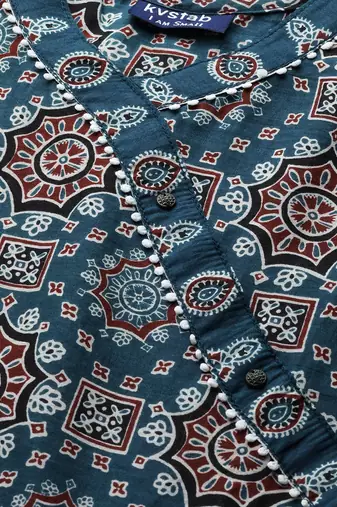 Women teal blue & maroon printed angrakha pure cotton kurti with trousers & dupatta