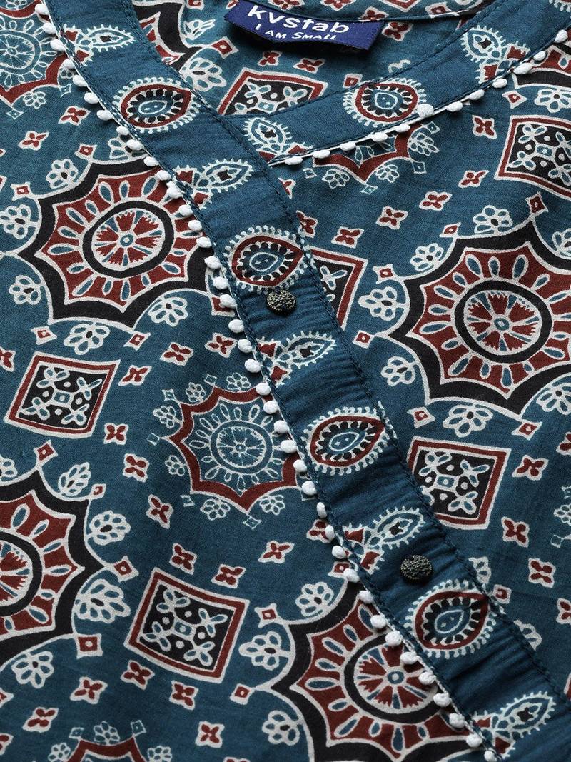 Women teal blue & maroon printed angrakha pure cotton kurti with trousers & dupatta