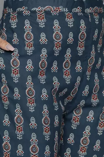 Women teal blue & maroon printed angrakha pure cotton kurti with trousers & dupatta