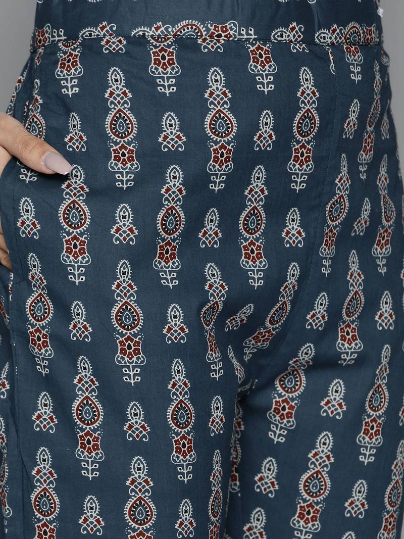 Women teal blue & maroon printed angrakha pure cotton kurti with trousers & dupatta