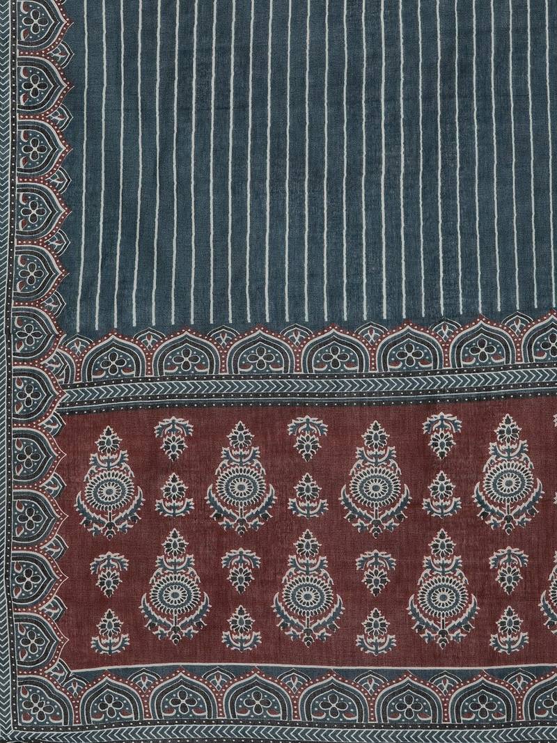 Women teal blue & maroon printed angrakha pure cotton kurti with trousers & dupatta