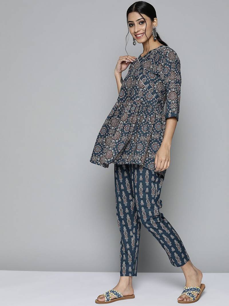 Women teal blue & maroon printed angrakha pure cotton kurti with trousers & dupatta