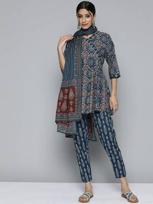 Women navy blue ethnic motifs printed thread work pure cotton top with trousers 2