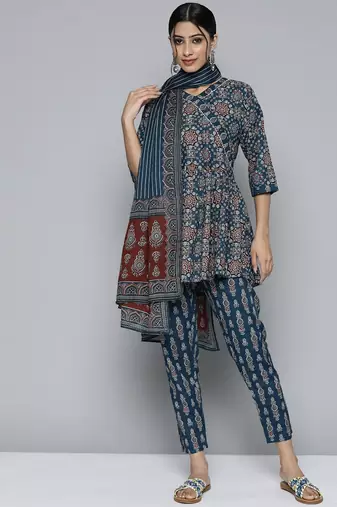 Women navy blue ethnic motifs printed thread work pure cotton top with trousers