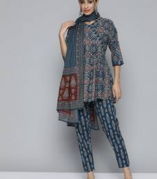 Women navy blue ethnic motifs printed thread work pure cotton top with trousers