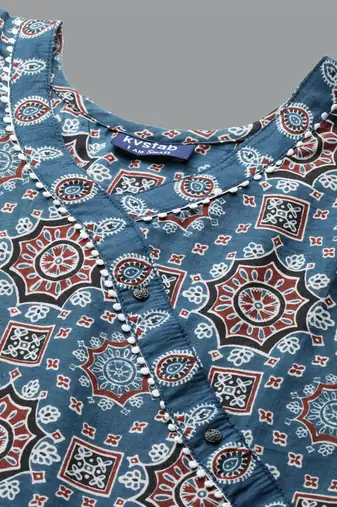 Women navy blue ethnic motifs printed thread work pure cotton top with trousers