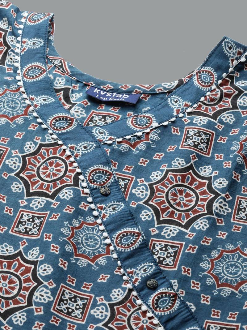 Women navy blue ethnic motifs printed thread work pure cotton top with trousers