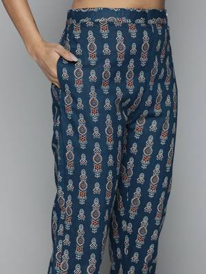 Women navy blue ethnic motifs printed thread work pure cotton top with trousers 4