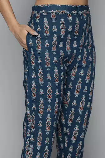 Women navy blue ethnic motifs printed thread work pure cotton top with trousers