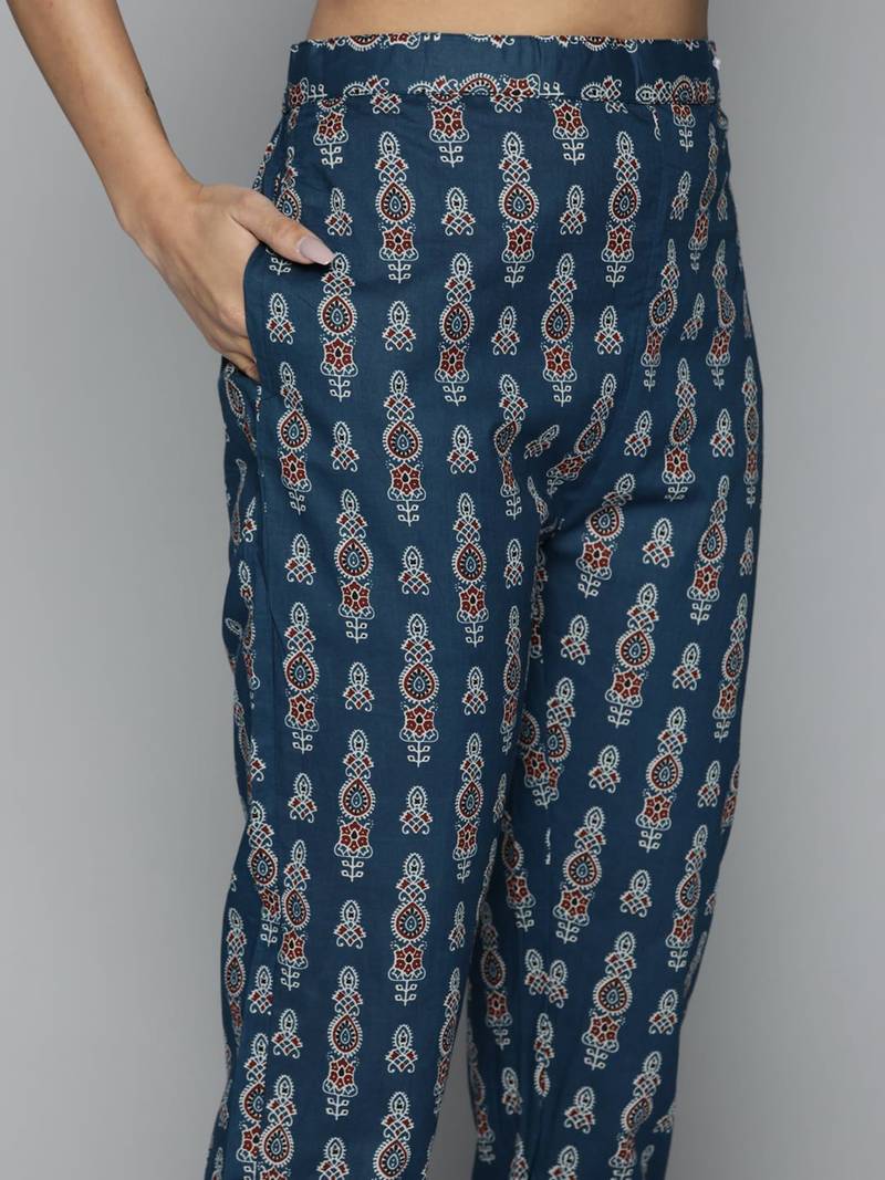 Women navy blue ethnic motifs printed thread work pure cotton top with trousers