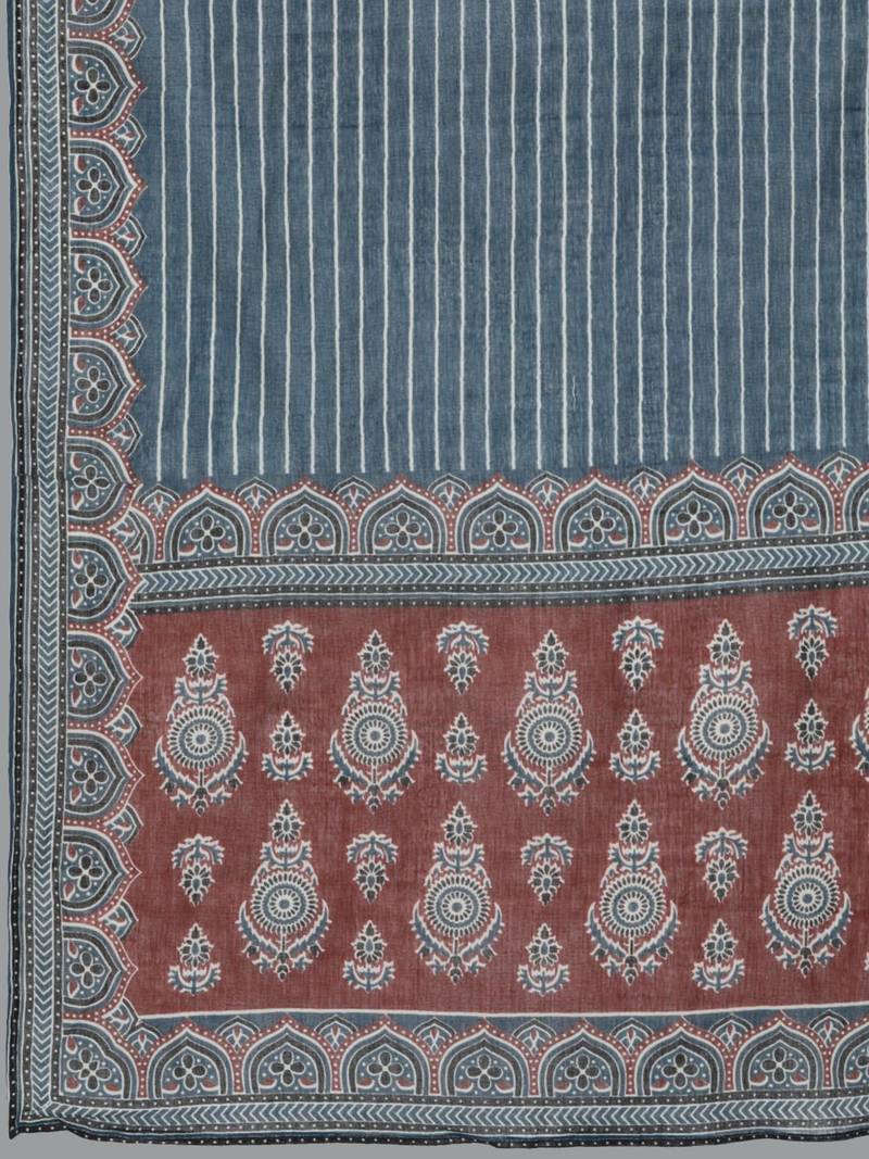 Women navy blue ethnic motifs printed thread work pure cotton top with trousers