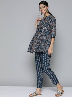Women navy blue ethnic motifs printed thread work pure cotton top with trousers 1