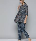 Women navy blue ethnic motifs printed thread work pure cotton top with trousers
