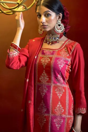 Women embroidered regular sequinned kurta with trousers &  dupatta