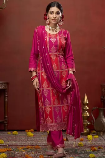 Women floral embroidered regular sequinned kurta with trousers & dupatta