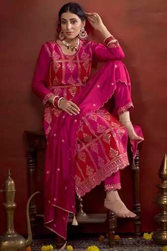 Women floral embroidered regular sequinned kurta with trousers & dupatta