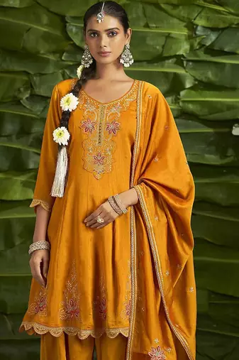 Floral embroidered sequinned anarkali kurta with salwar and dupatta