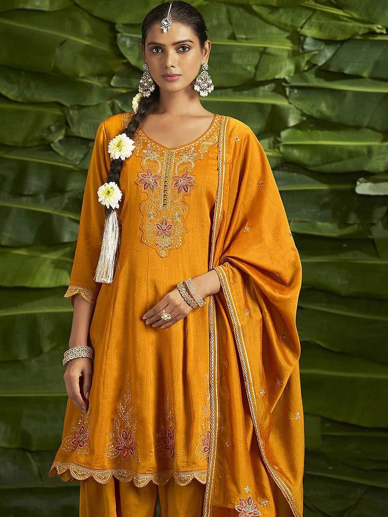 Floral embroidered sequinned anarkali kurta with salwar and dupatta