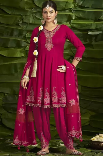 Floral embroidered sequinned anarkali kurti with salwar and dupatta