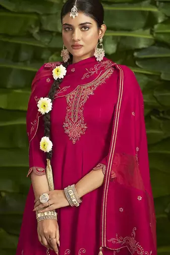 Floral embroidered sequinned anarkali kurti with salwar and dupatta