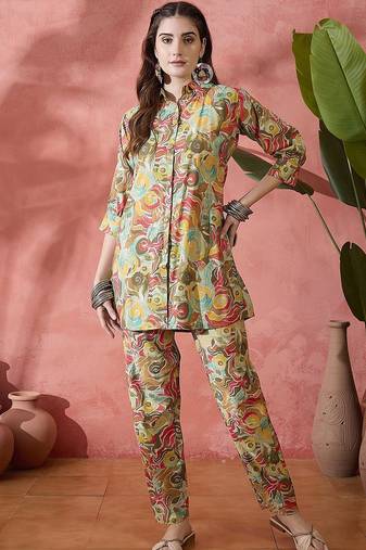 Brown and yellow printed shirt collar tunic with trouser