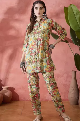 Brown and yellow printed shirt collar tunic with trouser