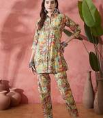 Brown and yellow printed shirt collar tunic with trouser